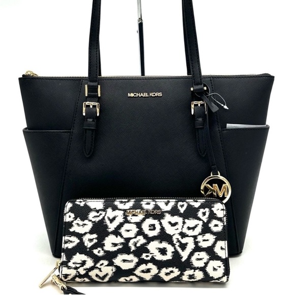 Michael Kors Large Charlotte Tote Bag & Large Continental Wallet Wristlet Black - Picture 2 of 15